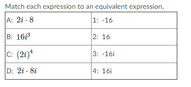 Match each expression to an equivalent expression.
A: 2i · 8
1: -16
|В: 16:3
2: 16
C: (2i)*
3: -16i
D: 2i · 8i
4: 16i
