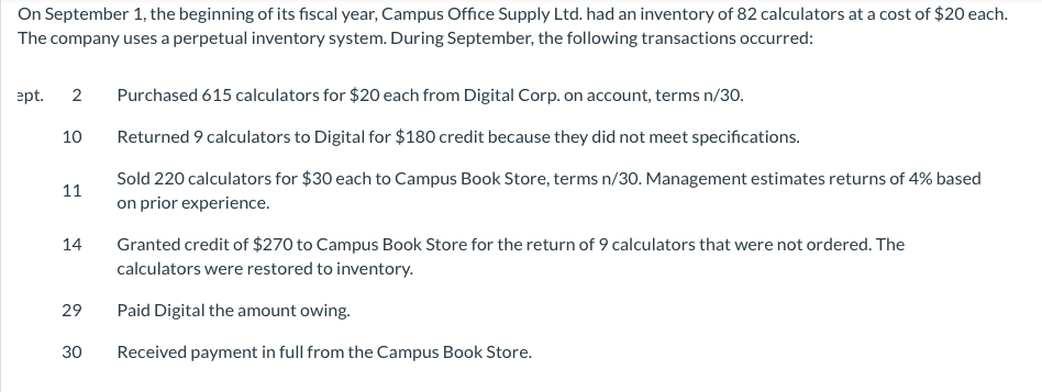 On September 1, the beginning of its fiscal year, Campus Office Supply Ltd. had an inventory of 82 calculators at a cost of $20 each.
The company uses a perpetual inventory system. During September, the following transactions occurred:
ept.
2
Purchased 615 calculators for $20 each from Digital Corp. on account, terms n/30.
10
Returned 9 calculators to Digital for $180 credit because they did not meet specifications.
Sold 220 calculators for $30 each to Campus Book Store, terms n/30. Management estimates returns of 4% based
11
on prior experience.
Granted credit of $270 to Campus Book Store for the return of 9 calculators that were not ordered. The
calculators were restored to inventory.
14
29
Paid Digital the amount owing.
30
Received payment in full from the Campus Book Store.
