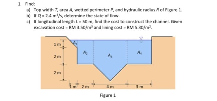 1. Find:
a) Top width T, area A, wetted perimeter P, and hydraulic radius R of Figure 1.
b) If Q = 2.4 m/s, determine the state of flow.
c) If longitudinal length L = 50 m, find the cost to construct the channel. Given
excavation cost = RM 3.50/m³ and lining cost = RM 5.30/m².
1m
Az
A4
2 m
A,
2 m
1m 2 m
4 m
3 m
Figure 1
