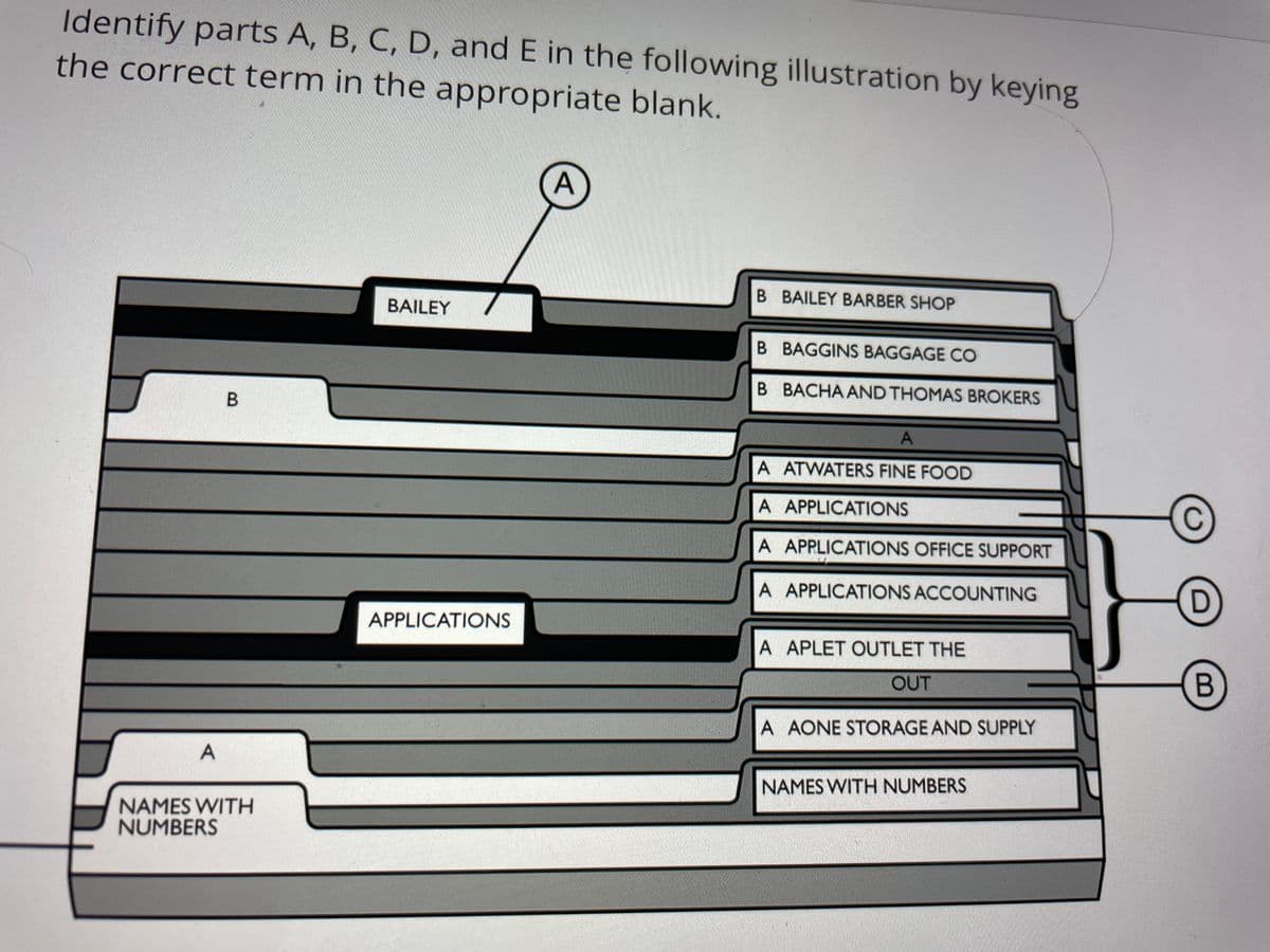 Identify parts A, B, C, D, and E in the following illustration by keying
the correct term in the appropriate blank.
B BAILEY BARBER SHOP
BAILEY
B BAGGINS BAGGAGE CO
B BACHA AND THOMAS BROKERS
A ATWATERS FINE FOOD
A APPLICATIONS
A APPLICATIONS OFFICE SUPPORT
A APPLICATIONS ACCOUNTING
APPLICATIONS
A APLET OUTLET THE
OUT
A AONE STORAGE AND SUPPLY
NAMES WITH NUMBERS
NAMES WITH
NUMBERS
B
A,
