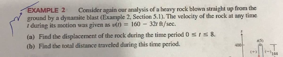 EXAMPLE 2 Consider again our analysis of a heavy rock blown straight up from the
ground by a dynamite blast (Example 2, Section 5.1). The velocity of the rock at any time
t during its motion was given as u(t) = 160 - 32t ft/sec.
(a) Find the displacement of the rock during the time period 0 ≤ t ≤ 8.
s(5)
(b) Find the total distance traveled during this time period.
400-
1-4
T
144
(+) (-)