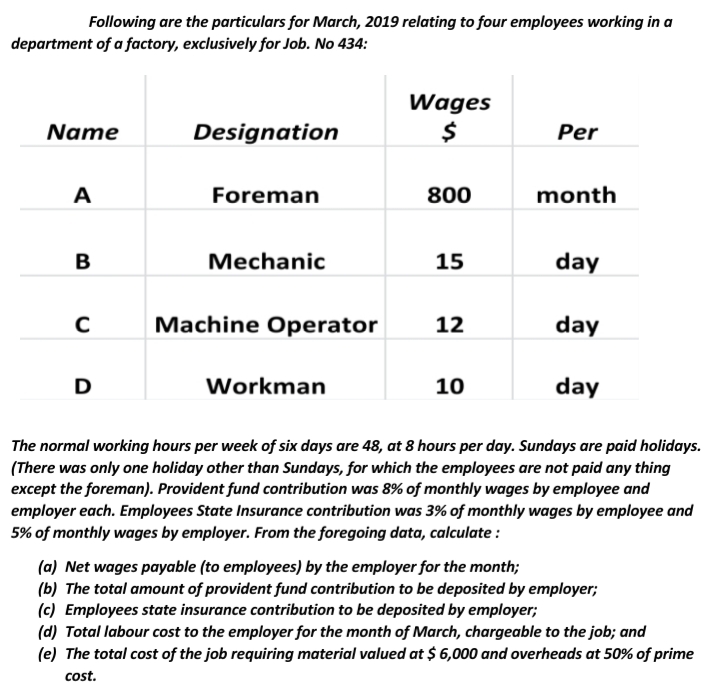 Following are the particulars for March, 2019 relating to four employees working in a
department of a factory, exclusively for Job. No 434:
Wages
$
Name
Designation
Per
A
Foreman
800
month
B
Mechanic
15
day
Machine Operator
12
day
D
Workman
10
day
The normal working hours per week of six days are 48, at 8 hours per day. Sundays are paid holidays.
(There was only one holiday other than Sundays, for which the employees are not paid any thing
except the foreman). Provident fund contribution was 8% of monthly wages by employee and
employer each. Employees State Insurance contribution was 3% of monthly wages by employee and
5% of monthly wages by employer. From the foregoing data, calculate :
(a) Net wages payable (to employees) by the employer for the month;
(b) The total amount of provident fund contribution to be deposited by employer;
(c) Employees state insurance contribution to be deposited by employer;
(d) Total labour cost to the employer for the month of March, chargeable to the job; and
(e) The total cost of the job requiring material valued at $ 6,000 and overheads at 50% of prime
cost.
