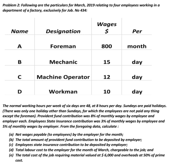 Problem 2: Following are the particulars for March, 2019 relating to four employees working in a
department of a factory, exclusively for Job. No 434:
Wages
$
Name
Designation
Per
A
Foreman
800
month
B
Mechanic
15
day
Machine Operator
12
day
D
Workman
10
day
The normal working hours per week of six days are 48, at 8 hours per day. Sundays are paid holidays.
(There was only one holiday other than Sundays, for which the employees are not paid any thing
except the foreman). Provident fund contribution was 8% of monthly wages by employee and
employer each. Employees State Insurance contribution was 3% of monthly wages by employee and
5% of monthly wages by employer. From the foregoing data, calculate :
(a) Net wages payable (to employees) by the employer for the month;
(b) The total amount of provident fund contribution to be deposited by employer;
(c) Employees state insurance contribution to be deposited by employer;
(d) Total labour cost to the employer for the month of March, chargeable to the job; and
(e) The total cost of the job requiring material valued at $ 6,000 and overheads at 50% of prime
cost.
