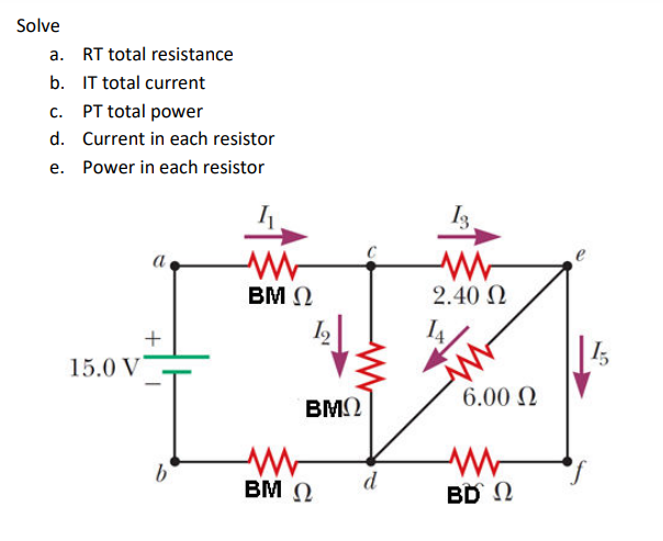 Solve
a. RT total resistance
b. IT total current
C.
PT total power
d.
Current in each resistor
e. Power in each resistor
15.0 V
+
b
ΒΜ Ω
BM Ω
ΒΜΩ
d
www
2.40 Ω
14
6.00 Ω
ΒΓΩ
I