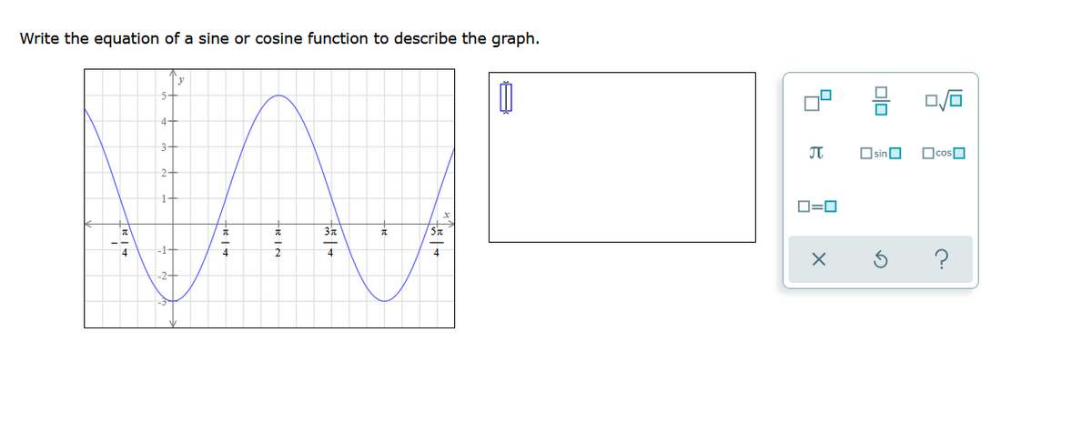 Write the equation of a sine or cosine function to describe the graph.
3-
JT
OsinO
OcosO
D=0
31
