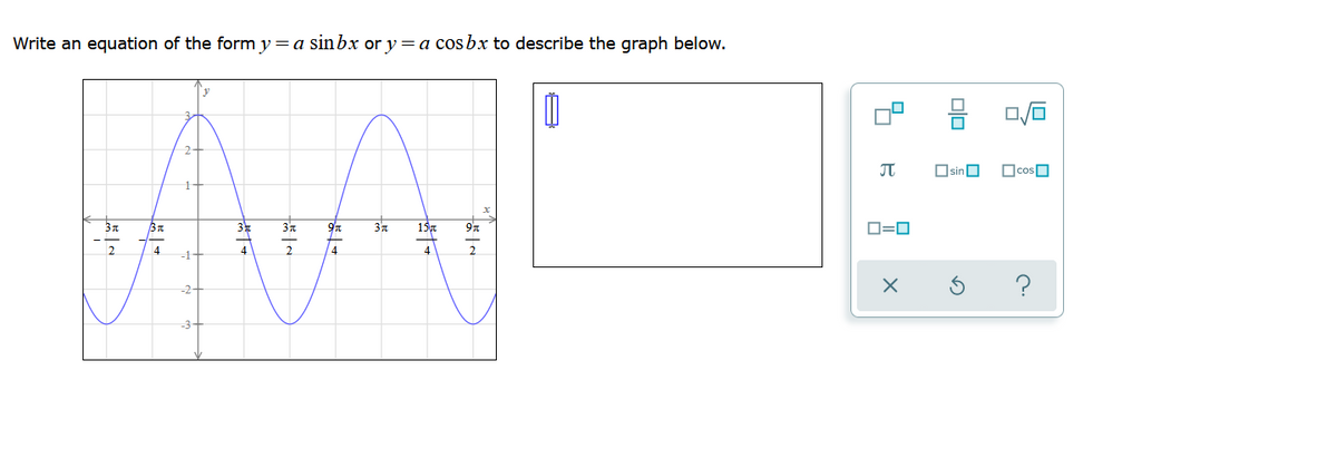 Write an equation of the form y=a sinbx or y=a cosbx to describe the graph below.
y
Osin O
OcosO
15
D=0
4
4
4
-1
?
-2-
-3
olo
