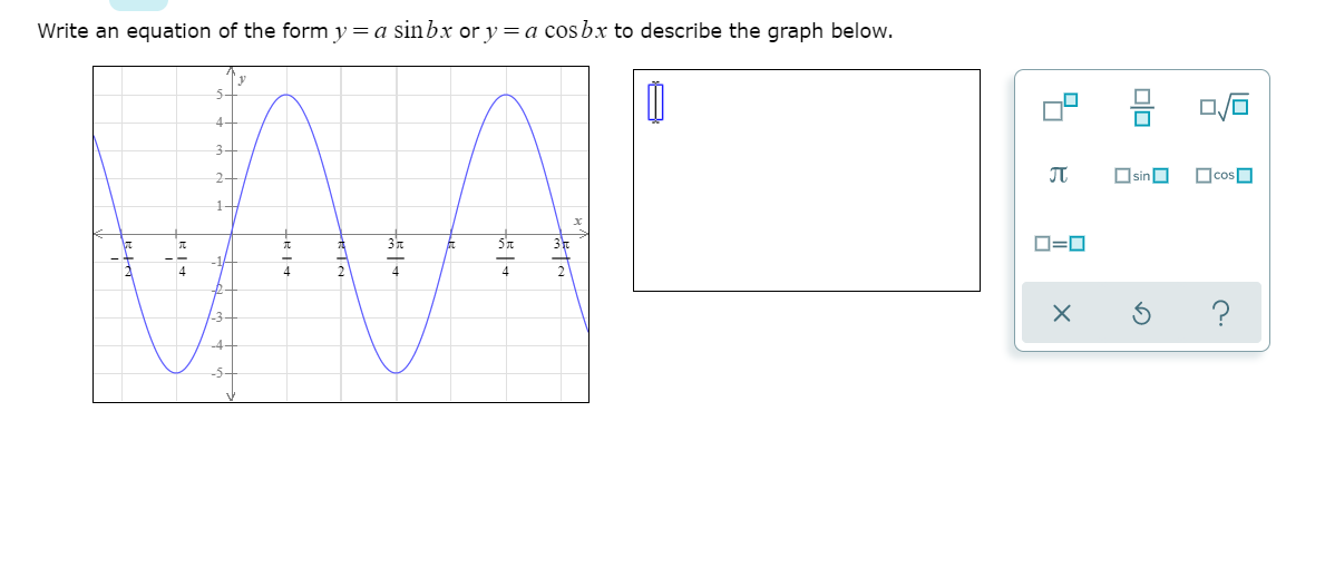 Write an equation of the form y=a sinbx or y = a cosbx to describe the graph below.
MA.
4-
2-
OsinO
O=0
-3
