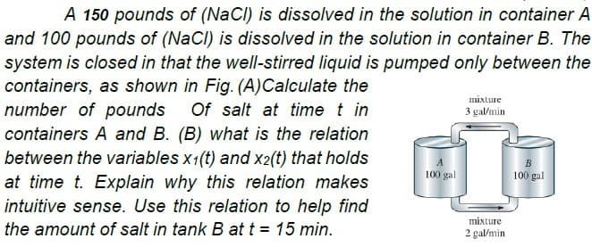 A 150 pounds of (NaCI) is dissolved in the solution in container A
and 100 pounds of (NaCI) is dissolved in the solution in container B. The
system is closed in that the well-stirred liquid is pumped only between the
containers, as shown in Fig. (A)Calculate the
number of pounds
mixture
Of salt at time t in
3 gal/min
containers A and B. (B) what is the relation
between the variables x1(t) and x2(t) that holds
at time t. Explain why this relation makes
intuitive sense. Use this relation to help find
100 gal
100 gal
mixture
the amount of salt in tank B at t = 15 min.
2 gal/min
