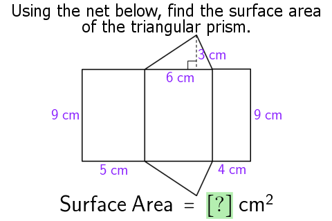 Using the net below, find the surface area
of the triangular prism.
cm
6 cm
9 cm
5 cm
Surface Area
=
9 cm
4 cm
[?] cm²