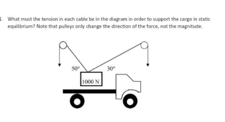 1. What must the tension in each cable be in the diagram in order to support the cargo in static
equilibrium? Note that pulleys only change the direction of the force, not the magnitude.
50°
30°
1000 N
