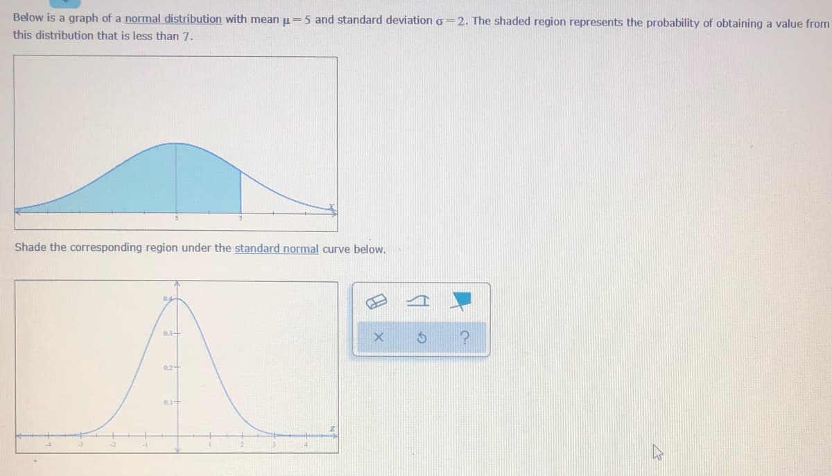 Below is a graph of a normal distribution with mean u=5 and standard deviation o=2. The shaded region represents the probability of obtaining a value from
this distribution that is less than 7.
Shade the corresponding region under the standard normal curve below.
02+
