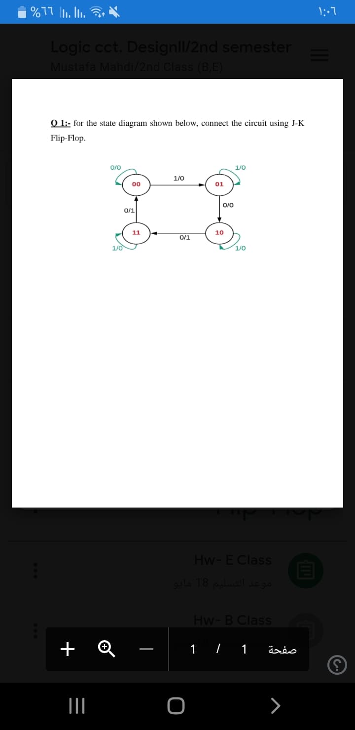 O 1:- for the state diagram shown below, connect the circuit using J-K
Flip-Flop.
0/0
1/0
1/0
00
01
0/0
0/1
11
10
0/1
1/0
1/0
