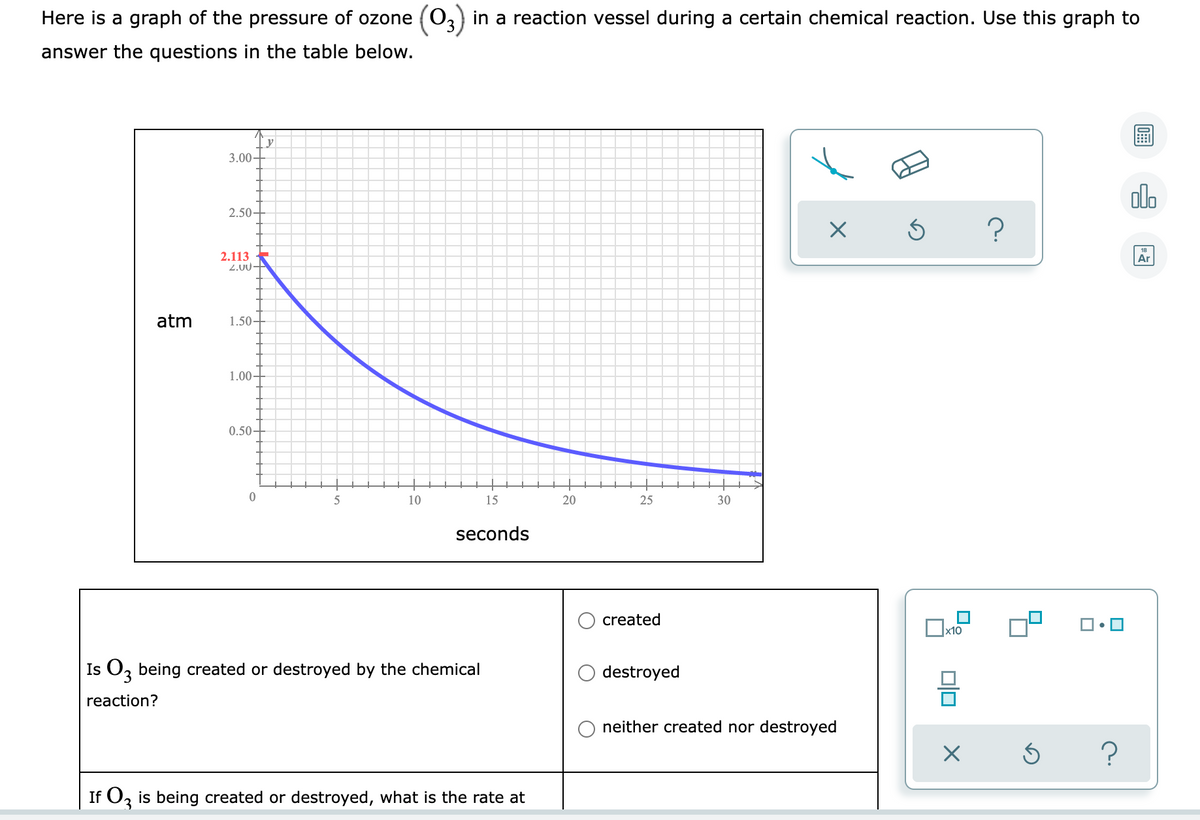 Here is a graph of the pressure of ozone (0,) in a reaction vessel during a certain chemical reaction. Use this graph to
answer the questions in the table below.
y
3.00-
olo
2.50-
18
2.113
2.00+
Ar
atm
1.50-
1.00-
0.50-
10
15
20
25
30
seconds
created
х10
Is O, being created or destroyed by the chemical
destroyed
reaction?
neither created nor destroyed
If Oz is being created or destroyed, what is the rate at
3.
