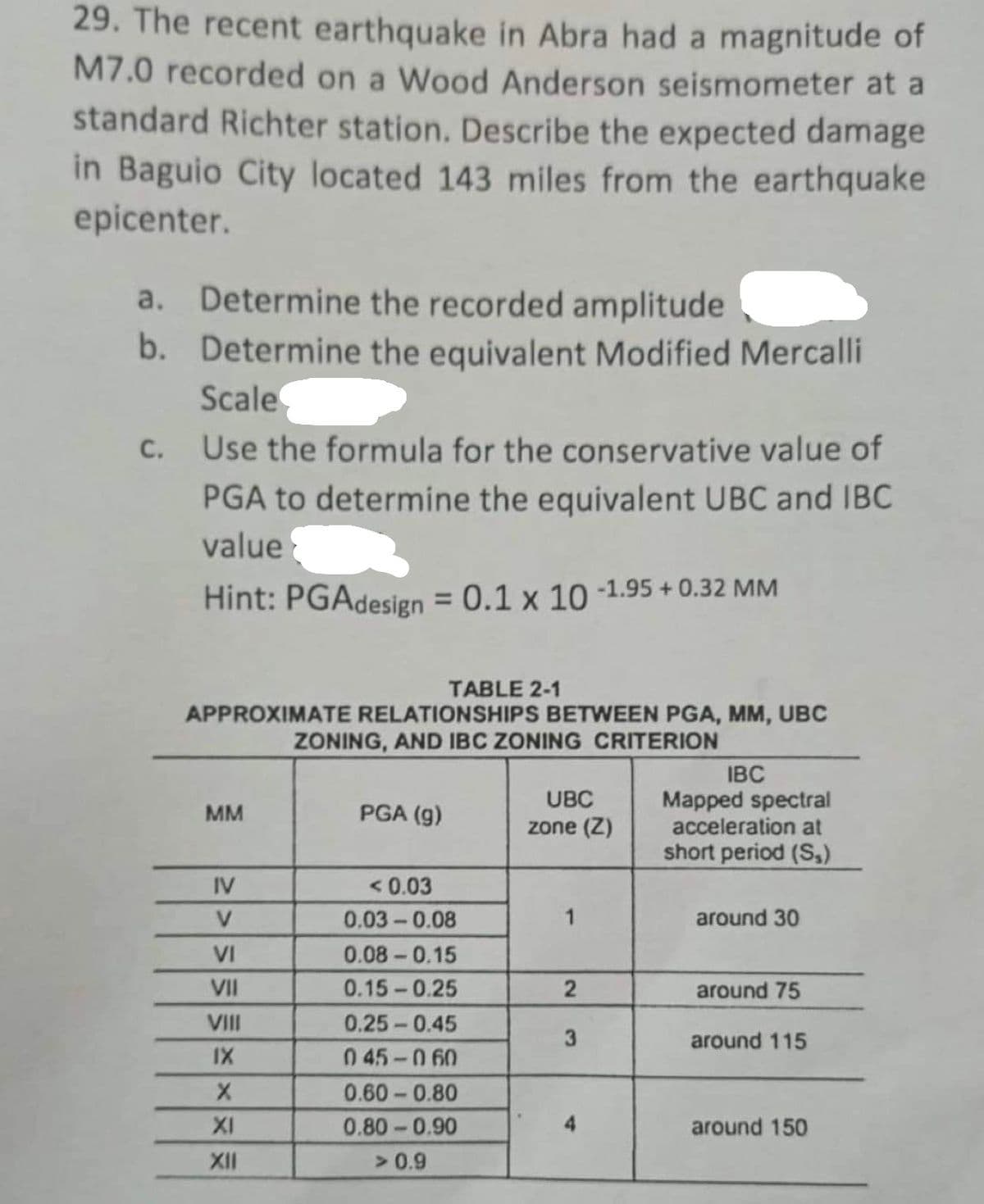 29. The recent earthquake in Abra had a magnitude of
M7.0 recorded on a Wood Anderson seismometer at a
standard Richter station. Describe the expected damage
in Baguio City located 143 miles from the earthquake
epicenter.
a. Determine the recorded amplitude
b.
Determine the equivalent Modified Mercalli
Scale
Use the formula for the conservative value of
PGA to determine the equivalent UBC and IBC
value
Hint: PGAdesign = 0.1 x 10 -1.95 + 0.32 MM
C.
TABLE 2-1
APPROXIMATE RELATIONSHIPS BETWEEN PGA, MM, UBC
ZONING, AND IBC ZONING CRITERION
MM
IV
V
VI
VII
VIII
IX
X
XI
XII
PGA (g)
<0.03
0.03-0.08
0.08-0.15
0.15-0.25
0.25-0.45
045-060
0.60-0.80
0.80 -0.90
> 0.9
UBC
zone (Z)
1
2
3
4
IBC
Mapped spectral
acceleration at
short period (S₁)
around 30
around 75
around 115
around 150