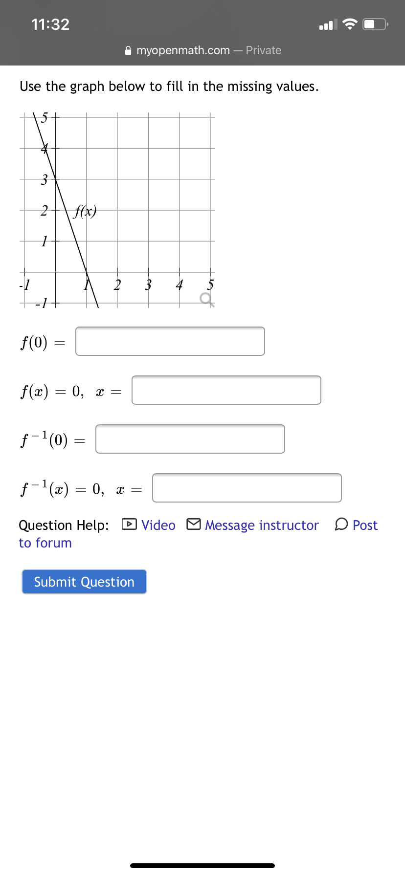 Use the graph below to fill in the missing values.
3
f(x)
-1
2
3
4
5
=1
f(0)
f(x) = 0, x =
f-(0) =
f- (x) = 0, x =
