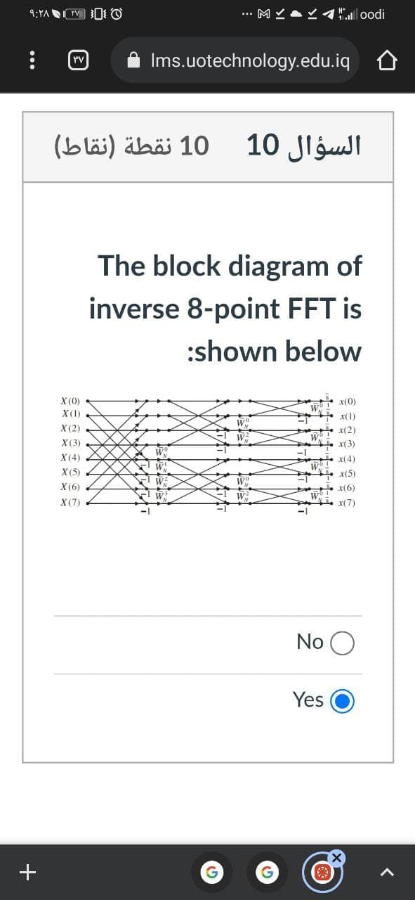 4l oodi
Ims.uotechnology.edu.iq O
10 نقطة )نقاط(
السؤال 10
The block diagram of
inverse 8-point FFT is
:shown below
X (0)
x(0)
X(1)
* x(1)
X(2)
x(2)
X(3)
x(3)
-1
X(4)
x(4)
X (5)
x(5)
X(6)
x(6)
X(7)
x(7)
No O
Yes
G
