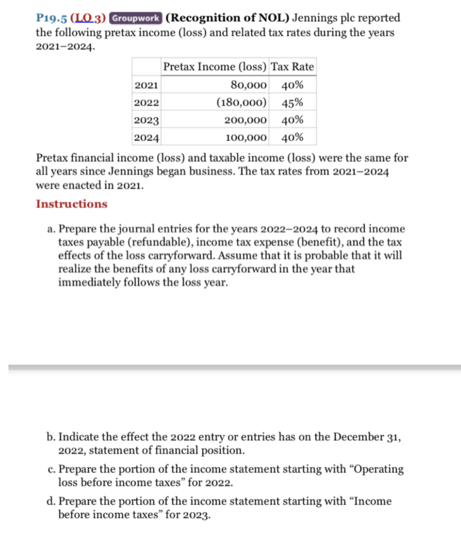 P19.5 (LQ3) Groupwork (Recognition of NOL) Jennings plc reported
the following pretax income (loss) and related tax rates during the years
2021–2024.
Pretax Income (loss) Tax Rate
2021
80,000
40%
2022
(180,000)
45%
2023
200,000
40%
2024
100,000
40%
Pretax financial income (loss) and taxable income (loss) were the same for
all years since Jennings began business. The tax rates from 2021–2024
were enacted in 2021.
Instructions
a. Prepare the journal entries for the years 2022–2024 to record income
taxes payable (refundable), income tax expense (benefit), and the tax
effects of the loss carryforward. Assume that it is probable that it will
realize the benefits of any loss carryforward in the year that
immediately follows the loss year.
b. Indicate the effect the 2022 entry or entries has on the December 31,
2022, statement of financial position.
c. Prepare the portion of the income statement starting with “Operating
loss before income taxes" for 2022.
d. Prepare the portion of the income statement starting with “Income
before income taxes" for 2023.
