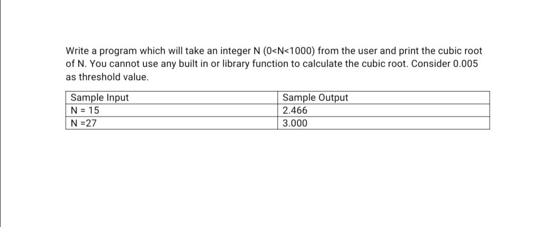 Write a program which will take an integer N (0<N<1000) from the user and print the cubic root
of N. You cannot use any built in or library function to calculate the cubic root. Consider 0.005
as threshold value.
Sample Input
N = 15
N =27
Sample Output
2.466
3.000
