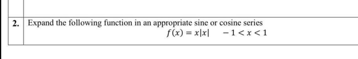 appropriate sine or cosine series
f(x) = x|x|
2.
Expand the following function in an
- 1<x<1
