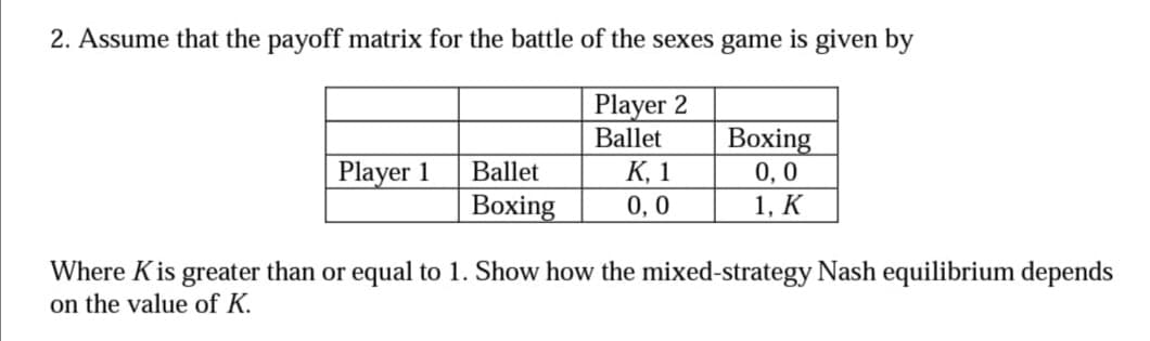 2. Assume that the payoff matrix for the battle of the sexes game is given by
Player 2
Ballet
Player 1
Ballet
Boxing
K, 1
0,0
Boxing
0,0
1, K
Where K is greater than or equal to 1. Show how the mixed-strategy Nash equilibrium depends
on the value of K.