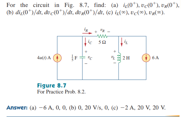 For the circuit in Fig. 8.7, find: (a) i₂(0), vc(0*), vr(0*),
(b) diz(0*)/dt, dvc(0*)/dt, dvR(0*)/dt, (c) i₁(∞), vc(∞), UR(∞).
4u(1) A
F
İR VR
+
Figure 8.7
For Practice Prob. 8.2.
www
ic 5Ω
VC
+
VL
ell
iL
2 H
6 A
Answer: (a) -6 A, 0, 0, (b) 0, 20 V/s, 0, (c) -2 A, 20 V, 20 V.