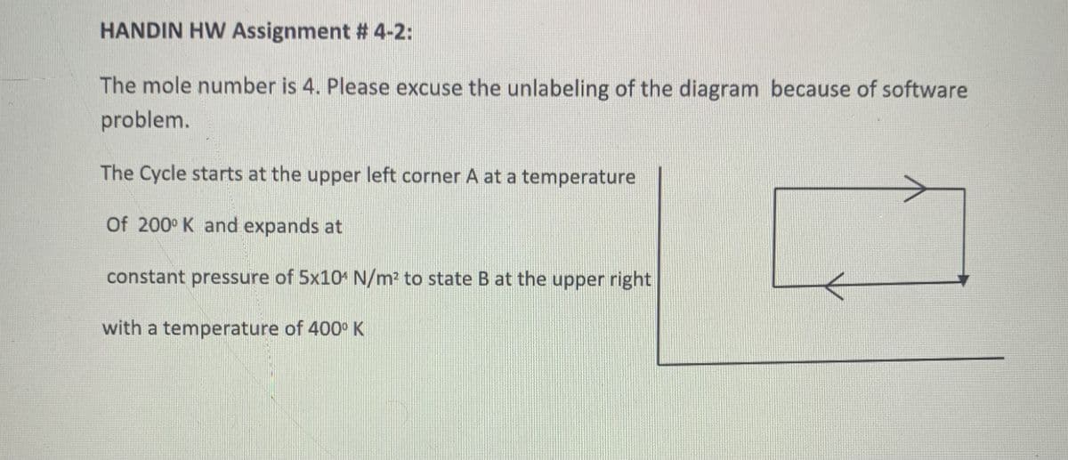 HANDIN HW Assignment # 4-2:
The mole number is 4. Please excuse the unlabeling of the diagram because of software
problem.
The Cycle starts at the upper left corner A at a temperature
Of 200° K and expands at
constant pressure of 5x10* N/m2 to state B at the upper right
with a temperature of 400° K
