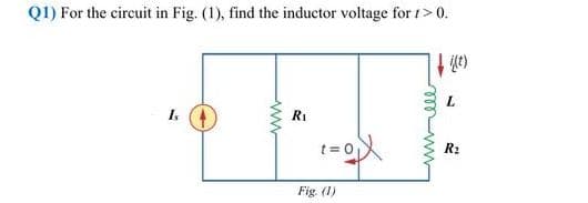 Q1) For the circuit in Fig. (1), find the inductor voltage for t>0.
Is
RI
t= 0
R2
Fig. (1)
