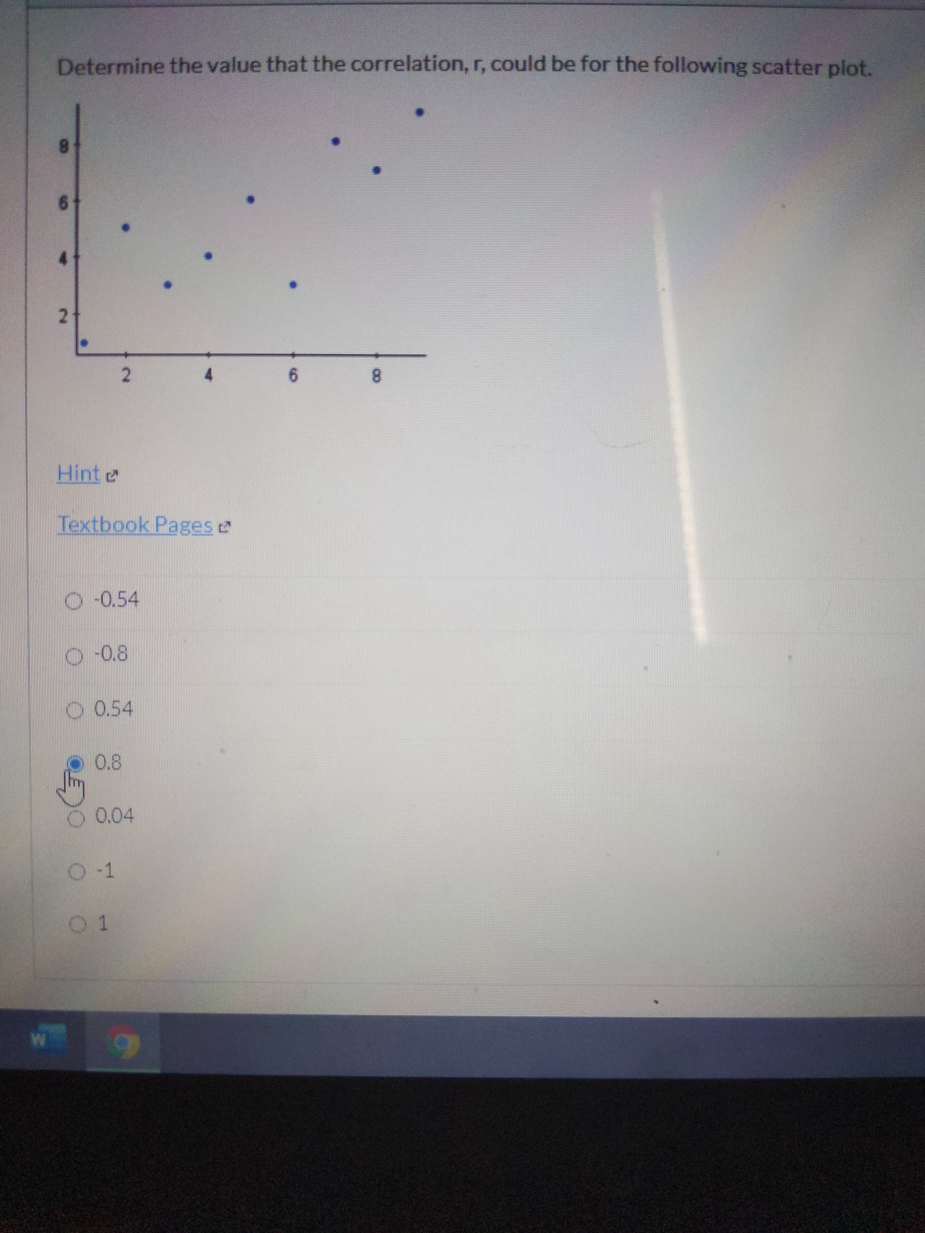 Determine the value that the correlation, r, could be for the following scatter plot.
8.
2.
6.
8.
