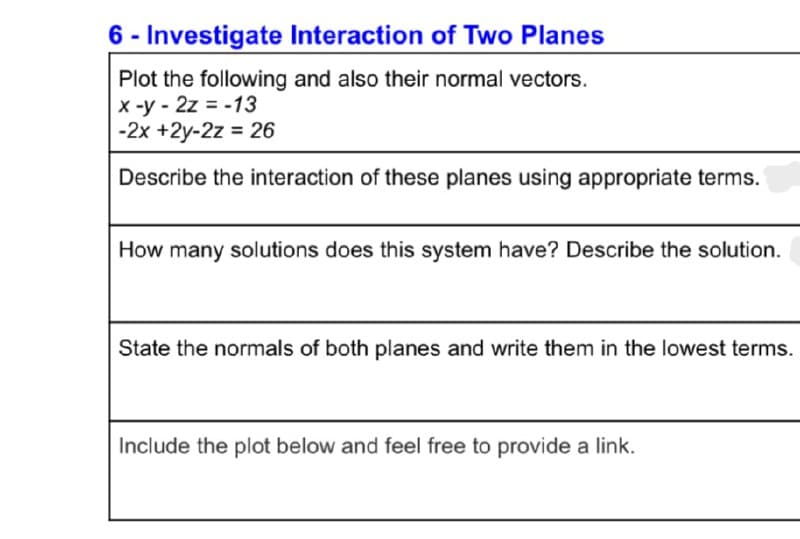 6 - Investigate Interaction of Two Planes
Plot the following and also their normal vectors.
x -y - 2z = -13
-2x +2y-2z = 26
Describe the interaction of these planes using appropriate terms.
How many solutions does this system have? Describe the solution.
State the normals of both planes and write them in the lowest terms.
Include the plot below and feel free to provide a link.