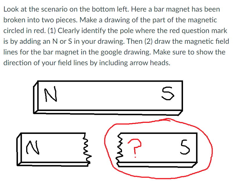 Look at the scenario on the bottom left. Here a bar magnet has been
broken into two pieces. Make a drawing of the part of the magnetic
circled in red. (1) Clearly identify the pole where the red question mark
is by adding an N or S in your drawing. Then (2) draw the magnetic field
lines for the bar magnet in the google drawing. Make sure to show the
direction of your field lines by including arrow heads.
5
