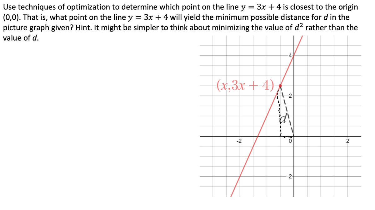 Use techniques of optimization to determine which point on the line y = 3x + 4 is closest to the origin
(0,0). That is, what point on the line y = 3x + 4 will yield the minimum possible distance for d in the
picture graph given? Hint. It might be simpler to think about minimizing the value of d? rather than the
value of d.
-4,
(x,3x + 4)
-2
2
-2
