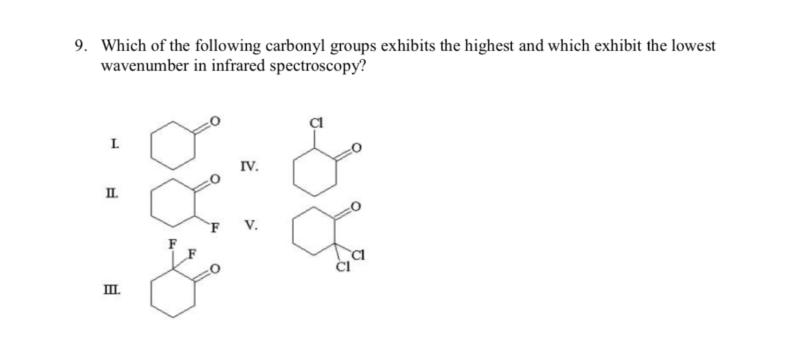 9. Which of the following carbonyl groups exhibits the highest and which exhibit the lowest
wavenumber in infrared spectroscopy?
I.
IV.
П.
`F
V.
I.
