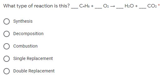 What type of reaction is this?_ C+Hs +
O2 →_ H2O +
- -
-
--
Synthesis
O Decomposition
Combustion
Single Replacement
O Double Replacement
