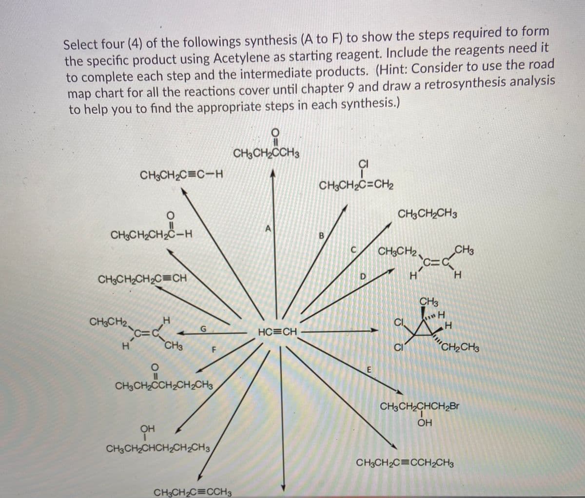 Select four (4) of the followings synthesis (A to F) to show the steps required to form
the specific product using Acetylene as starting reagent. Include the reagents need it
to complete each step and the intermediate products. (Hint: Consider to use the road
map chart for all the reactions cover until chapter 9 and drawa retrosynthesis analysis
to help you to find the appropriate steps in each synthesis.)
CH3CH2CCH3
CH3CH2C=C-H
CI
CH3CH2C=CH2
CH3CH2CH3
CH3CH2CH2Č-H
B
CH3CH2
CH3
C=C
CH3CH2CH2C=CH
D
ター
CH3
CH3CH2
G
CI
HC=CH
ター
CH3
CI
CH,CH3
CH3CH2CCH2CH2CH3
CH3CH2CHCH2B.
OH
OH
CH3CH2CHCH2CH2CH3
CH3CH2C=CCH2CH3
CH3CH2C=CCH3
