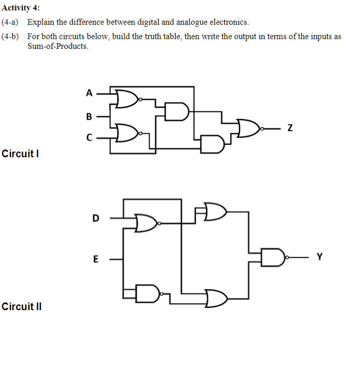 Activity 4:
(4-a) Explain the difference between digital and analogue electronics.
(4-b) For both circuits below, build the truth table, then write the output in terms of the inputs as
Sum-of-Products.
A
В
Circuit I
E
Y
Circuit II
N
