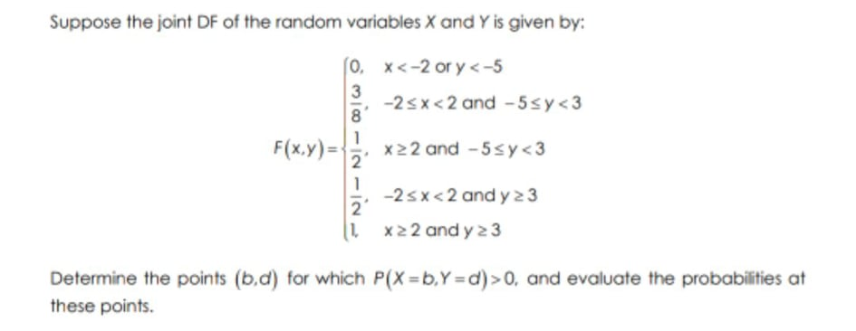 Suppose the joint DF of the random variables X and Y is given by:
(0, x<-2 or y<-5
3
-2sx<2 and -5sy<3
8
F(x.y) =
x22 and -5sy<3
2
-2sx<2 and y 23
2
1 x22 and y 23
Determine the points (b,d) for which P(X=b,Y=d)>0, and evaluate the probabilities at
these points.

