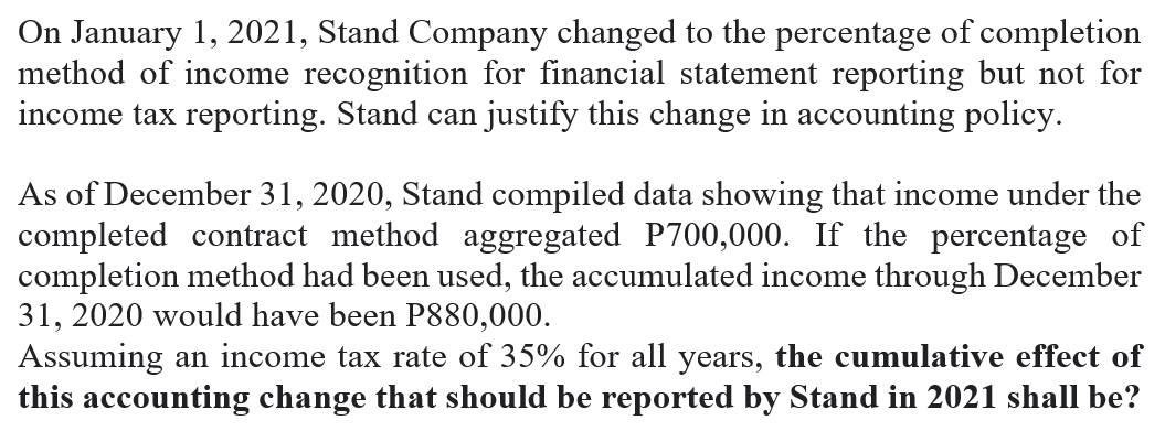 On January 1, 2021, Stand Company changed to the percentage of completion
method of income recognition for financial statement reporting but not for
income tax reporting. Stand can justify this change in accounting policy.
As of December 31, 2020, Stand compiled data showing that income under the
completed contract method aggregated P700,000. If the percentage of
completion method had been used, the accumulated income through December
31, 2020 would have been P880,000.
Assuming an income tax rate of 35% for all years, the cumulative effect of
this accounting change that should be reported by Stand in 2021 shall be?
