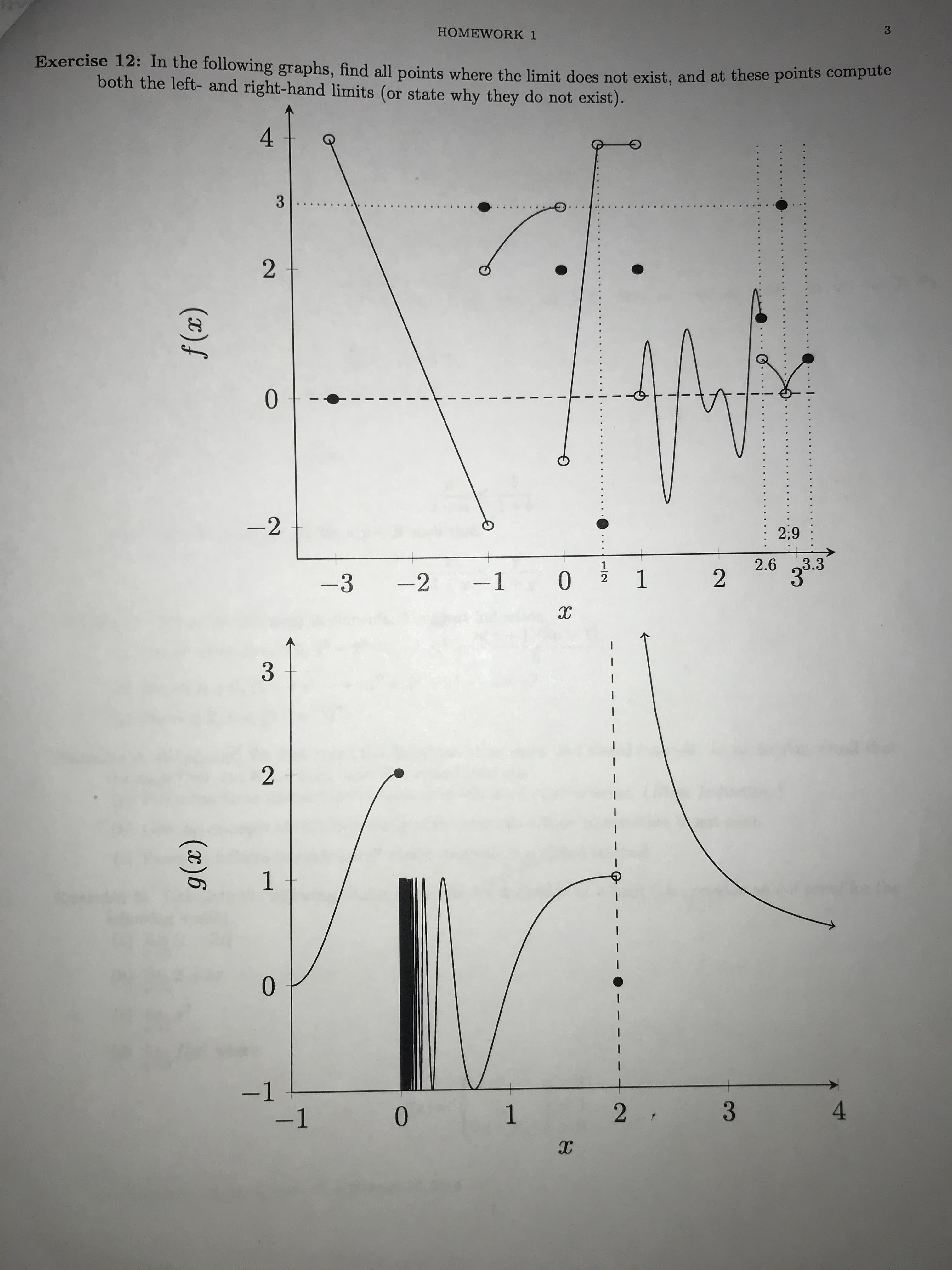 C3
HOMEWORK 1
Exercise 12: In the following graphs, find all points where the limit does not exist, and at these points compute
both the left- and right-hand limits (or state why they do not exist).
4
3
2
0
-2
2:9
2.6
2
1
2
33.3
1
0
-1
-3
-2
3
2
1
0
-1
-1
2 ,
4
3
0
1
X
(r)f
(r)6
