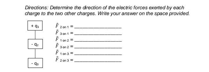 Directions: Determine the direction of the electric forces exerted by each
charge to the two other charges. Write your answer on the space provided.
+ q1
F 2on 1 =
3 on 1 =
F 1 on 2 =
F 3 on 2 =
F 1 on 3 =
É 2 on 3 =
- 92
93
