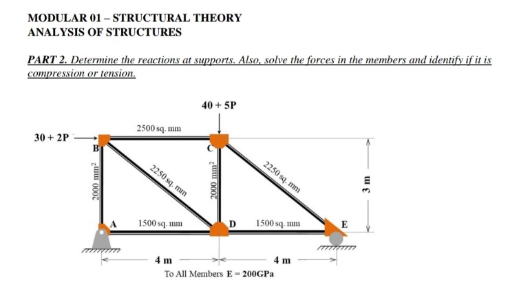 MODULAR 01 - STRUCTURAL THEORY
ANALYSIS OF STRUCTURES
PART 2. Determine the reactions at supports. Also, solve the forces in the members and identify if it is
compression or tension.
30+ 2P
2000 mm
2500 sq.mm
2250 sq.mm
1500 sq.mm
40 + 5P
2000 mm
D
2250 sq.mm
1500 sq.mm
4 m
To All Members E-200GPa
4 m
3 m