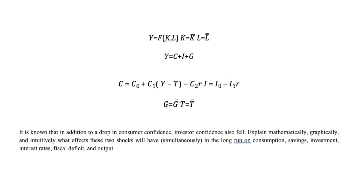 Y=F(K,L) K=R L=T
Y=C+I+G
C = Co + C1( Y – T) – C2r I = I0 - I1r
G=G T=T
It is known that in addition to a drop in consumer confidence, investor confidence also fell. Explain mathematically, graphically,
and intuitively what effects these two shocks will have (simultaneously) in the long run on consumption, savings, investment,
interest rates, fiscal deficit, and output.
