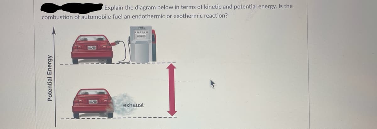 Explain the diagram below in terms of kinetic and potential energy. Is the
combustion of automobile fuel an endothermic or exothermic reaction?
FUEL
230 2-0 259
88888
AKLPSIS
Potential Energy
AKLPSIS
exhaust