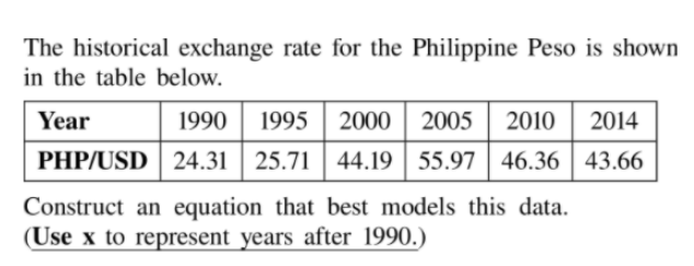 The historical exchange rate for the Philippine Peso is shown
in the table below.
Year
1990
1995| 2000
2005 2010
2014
PHP/USD | 24.31 | 25.71 | 44.19
| 55.97 | 46.36| 43.66
Construct an equation that best models this data.
(Use x to represent years after 1990.)
