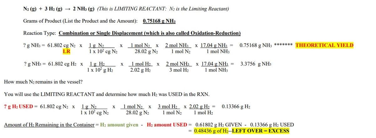 N2 (g) + 3 H₂ (g) → 2 NH3 (g) (This is LIMITING REACTANT: N₂ is the Limiting Reactant)
Grams of Product (List the Product and the Amount): 0.75168 g NH3
Reaction Type: Combination or Single Displacement (which is also called Oxidation-Reduction)
1 g N₂
? g NH3 = 61.802 cg N₂ x
LR
1 mol N₂ x 2 mol NH3 x 17.04 g NH3 =
28.02 g N₂ 1 mol N₂
1 mol NH3
1 x 10² cg N₂
? g NH3 = 61.802 cg H₂ x
How much N₂ remains in the vessel?
1 g H₂
1 x 10² g H₂
X
X
X
1 mol H₂
2.02 g H₂
x
You will use the LIMITING REACTANT and determine how much H₂ was USED in the RXN.
1 mol N₂ x
28.02 g N₂
2 mol NH3 x 17.04 g NH3 =
3 mol H₂
1 mol NH3
? g H₂ USED = 61.802 cg N₂ x
1 g N₂
1 x 10² cg N₂
Amount of H₂ Remaining in the Container = H₂ amount given - H₂ amount USED = 0.61802 g H₂ GIVEN 0.13366 g H₂ USED
= 0.48436 g of H2--LEFT OVER = EXCESS
0.75168 g NH3 ******* THEORETICAL YIELD
3 mol H₂ x 2.02 g H₂ =
1 mol N₂
1 mol H₂
3.3756 g NH3
0.13366 g H₂