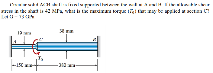 Circular solid ACB shaft is fixed supported between the wall at A and B. If the allowable shear
stress in the shaft is 42 MPa, what is the maximum torque (To) that may be applied at section C?
Let G = 73 GPa.
19 mm
38 mm
B
A
| To
-150 mm-
-380 mm
