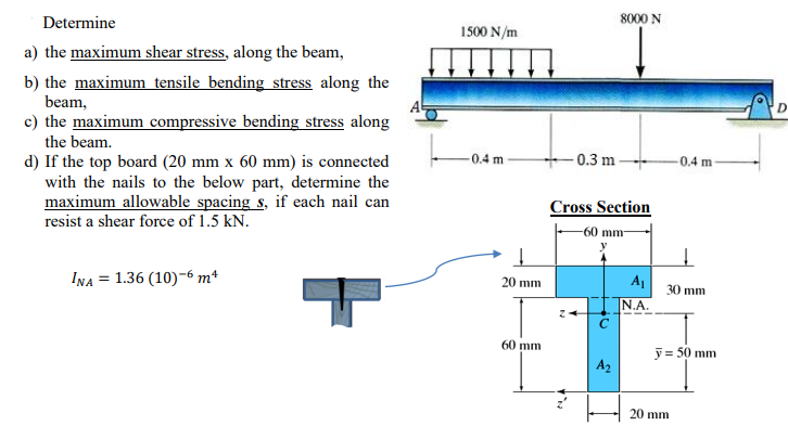 Determine
8000 N
1500 N/m
a) the maximum shear stress, along the beam,
b) the maximum tensile bending stress along the
beam,
c) the maximum compressive bending stress along
the beam.
- 0.3 m
0.4 m
d) If the top board (20 mm x 60 mm) is connected
with the nails to the below part, determine the
maximum allowable spacing s, if each nail can
resist a shear force of 1.5 kN.
-0.4 m
Cross Section
-60 mm-
INA = 1.36 (10)-6 m*
20 mm
30 mm
N.A.
60 mm
y = 50 mm
A2
20 mm
