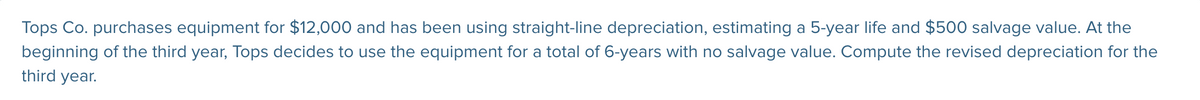 Tops Co. purchases equipment for $12,000 and has been using straight-line depreciation, estimating a 5-year life and $500 salvage value. At the
beginning of the third year, Tops decides to use the equipment for a total of 6-years with no salvage value. Compute the revised depreciation for the
third year.
