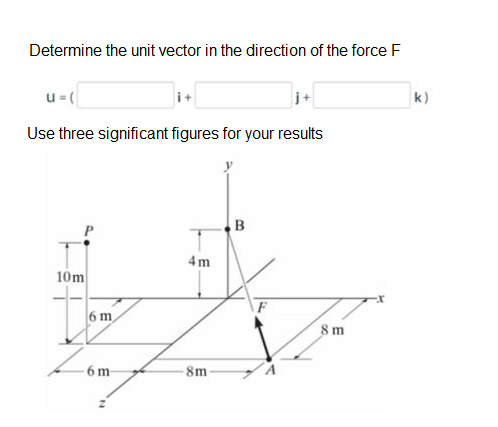 Determine the unit vector in the direction of the force F
u =(
i+
j+
k)
Use three significant figures for your results
4m
10m
F
6 m
8m
6 m
8m
