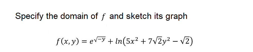 Specify the domain of f and sketch its graph
f(x, y) = ev-y + lIn(5x² + 7v2y2 – vV2)
