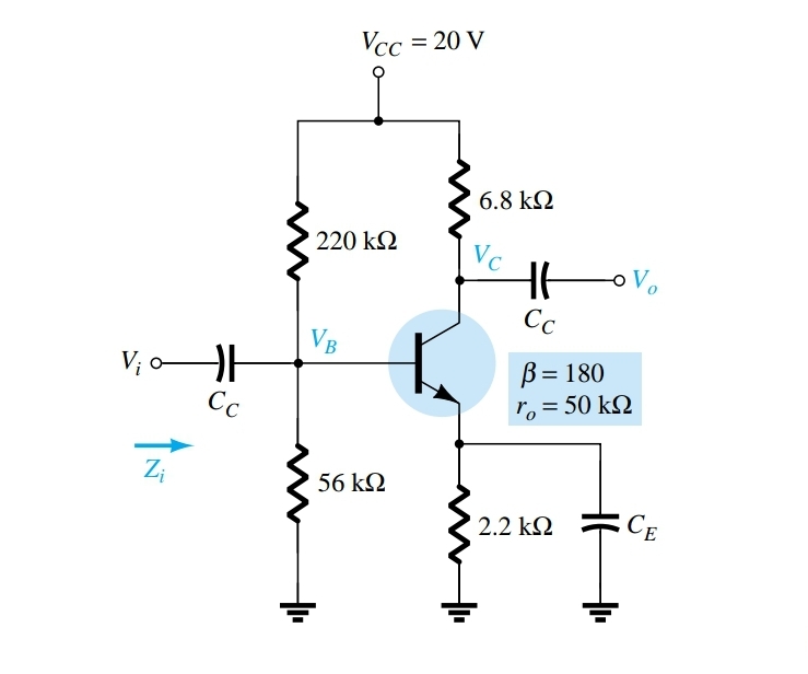 Vcc = 20 V
%3D
6.8 kN
220 k2
Vc
Cc
VB
V; oE
Сс
B = 180
ro = 50 kQ
Zi
56 k2
2.2 k2
CE
